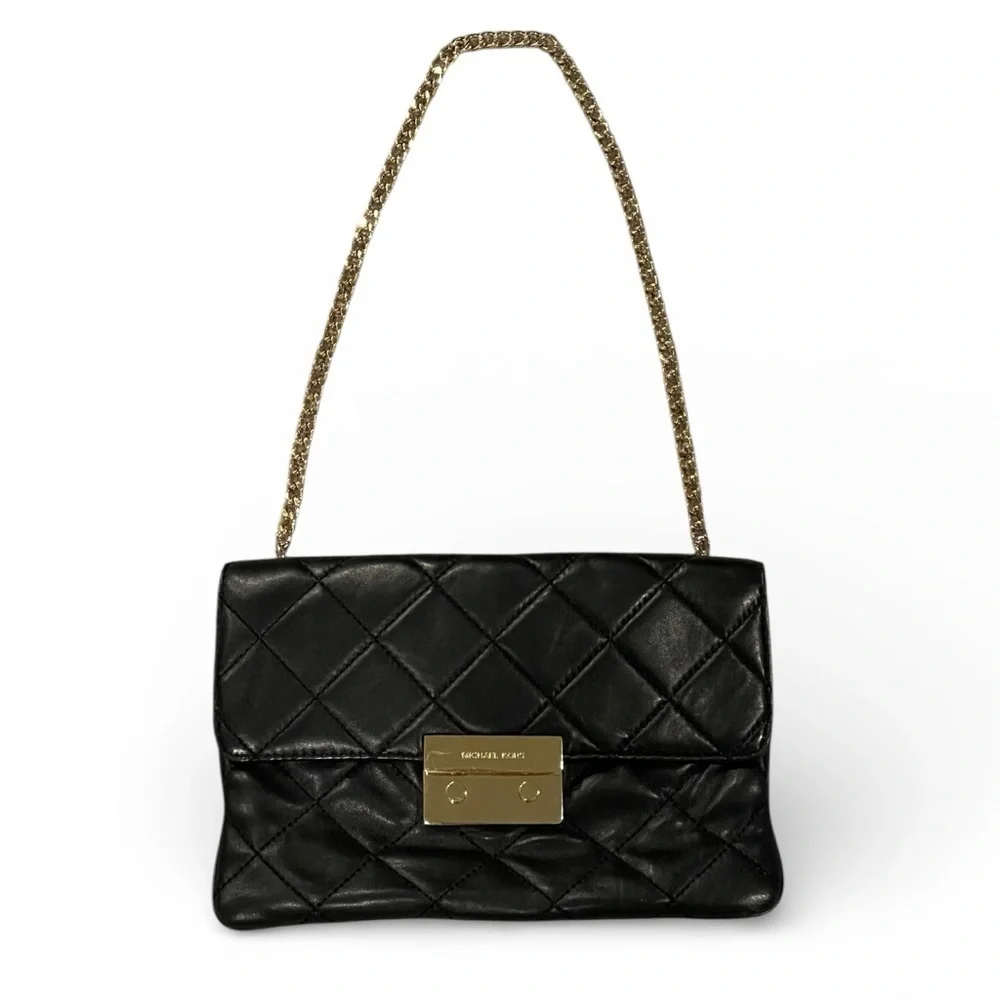 Michael Kors Black Quilted Shoulder Bag with Gold Chain Strap, Small Size 10”x7”